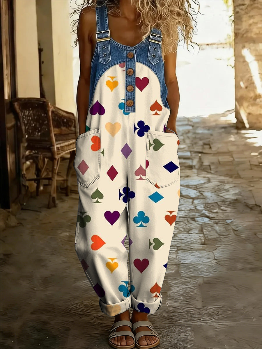 Women's Boho Style Art Print Washed Cotton Denim Patchwork Jumpsuit